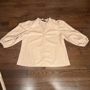 Marc New York Beige Faux Leather Button Blouse- V neck- ruffle- 3/4 sleeves